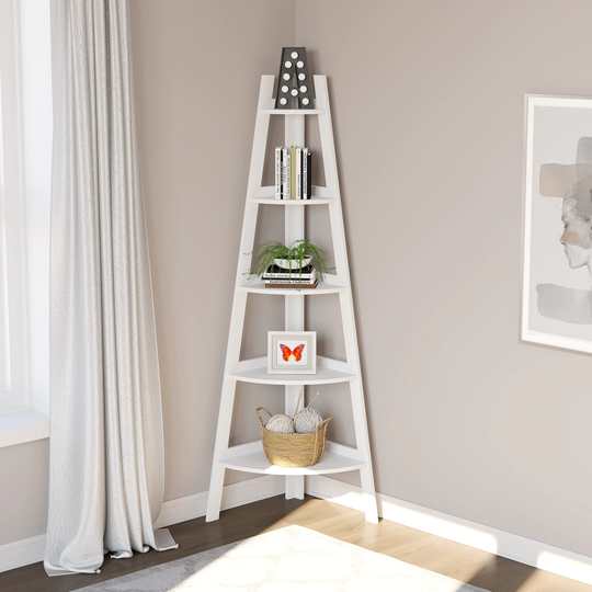 Corner Shelf 63"H/White with 5 Tier and Borders for Living Room - 17.52" x 26.4" x 63 "