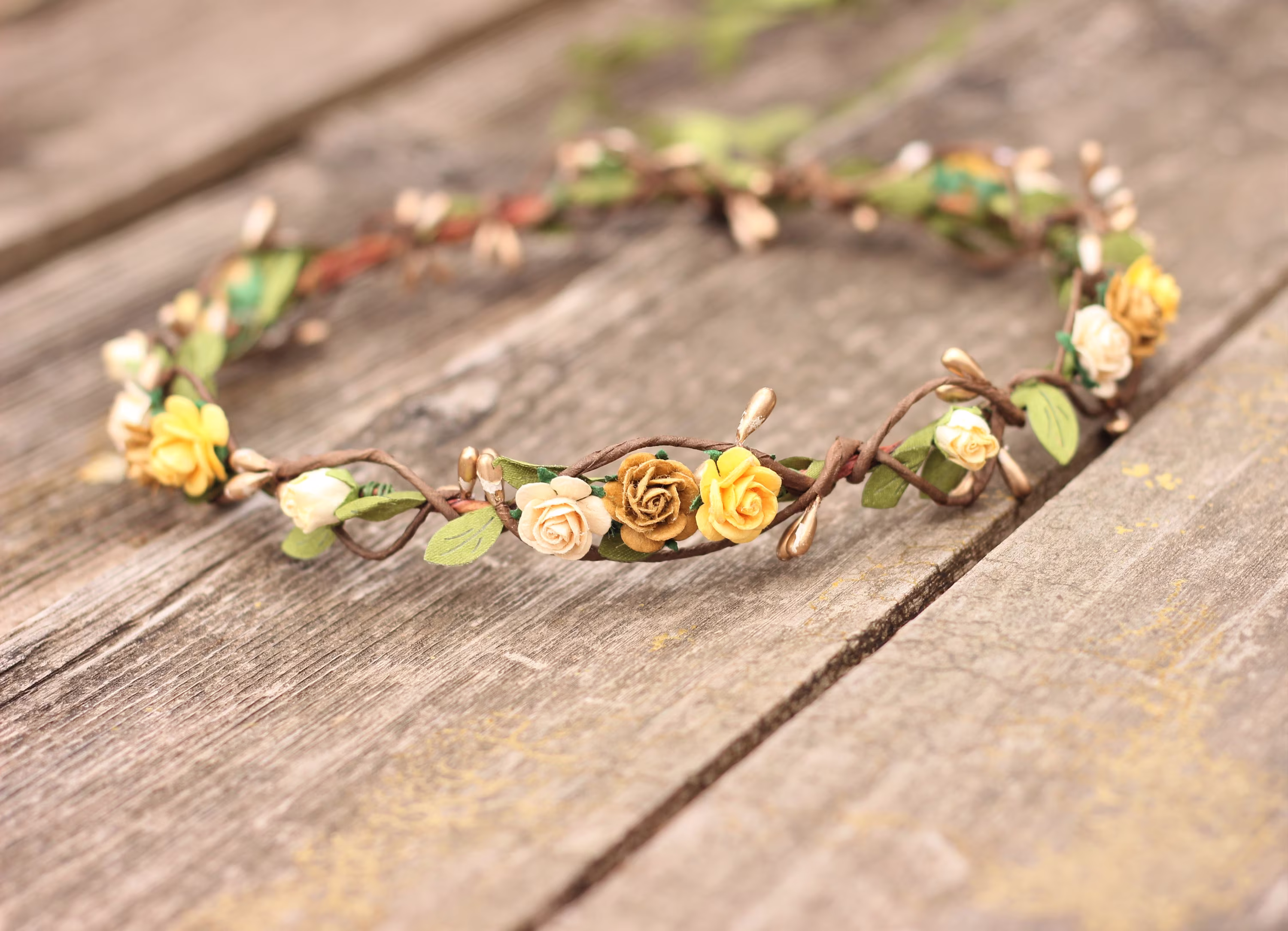 Rustic Flower Crown | Gold Cream Mustard Wedding Flower