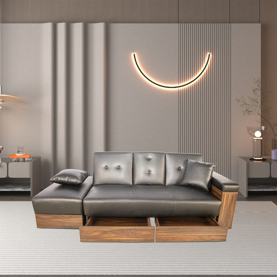 Multi-functional Leather Sofa with Storage Box and Drawer