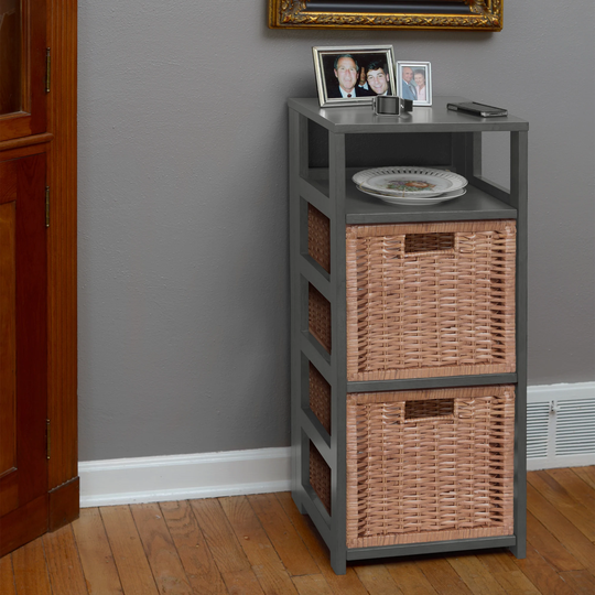 Flip Flop 34" Square Folding Bookcase with 2 Full Size Wicker Storage Baskets- Grey/Natural
