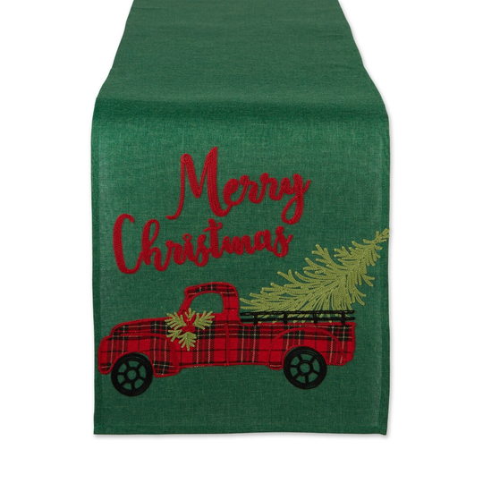 70" Green and Red Merry Christmas Truck Embroidered Table Runner