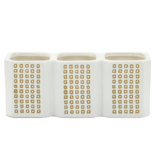 3-cup Dotted Pen Holder, Beige 4.0"H - 10.0" x 3.0" x 4.0"