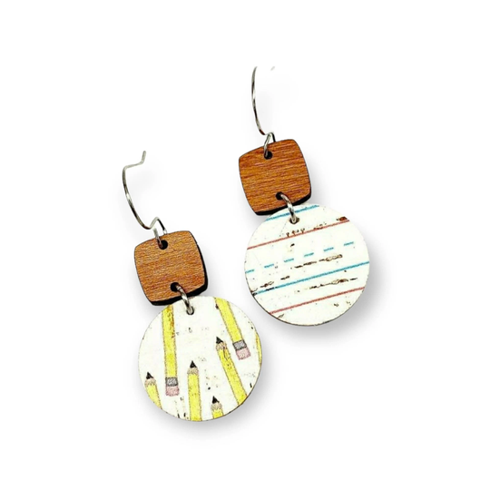 Teacher Leather & Wood Earrings, Pencil Notebook Paper Dangles, Elementary Appreciation Gift, Back To School Jewelry Dangles
