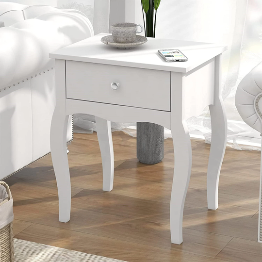Wood End Table With Curved Legs & Drawer Modern Nightstand Side For Bedroom Living Room White