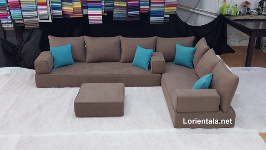L Shaped 8'' Thick Brown Blue Floor Seating Sofa, Ottoman Cushions, Arabic Living Room, Oriental Moroccan Home Decor Couch, Hookah Sectional Set
