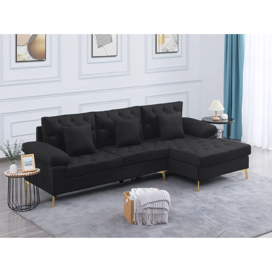 96.5" Velvet Right Hand Facing Sofa with Chaise, L-Shaped Sectional Couch with Pillow Top Arms, Button Tufted Backrest