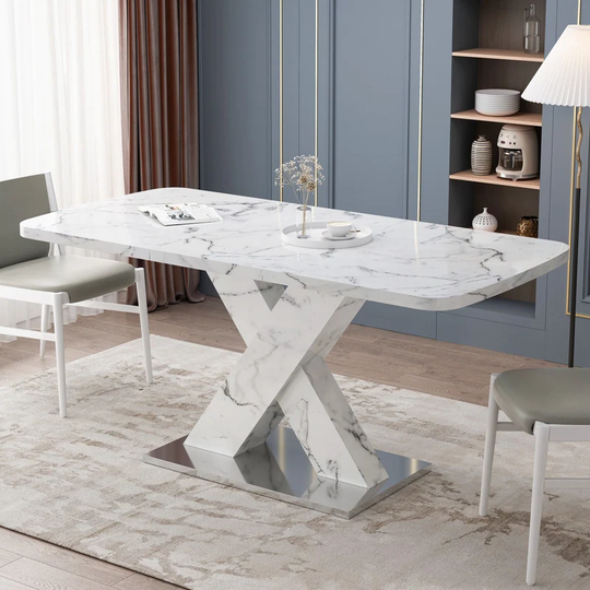 Modern Square Dining Table, Stretchable Marble Table Top, X-Shape Table Leg with Metal Base