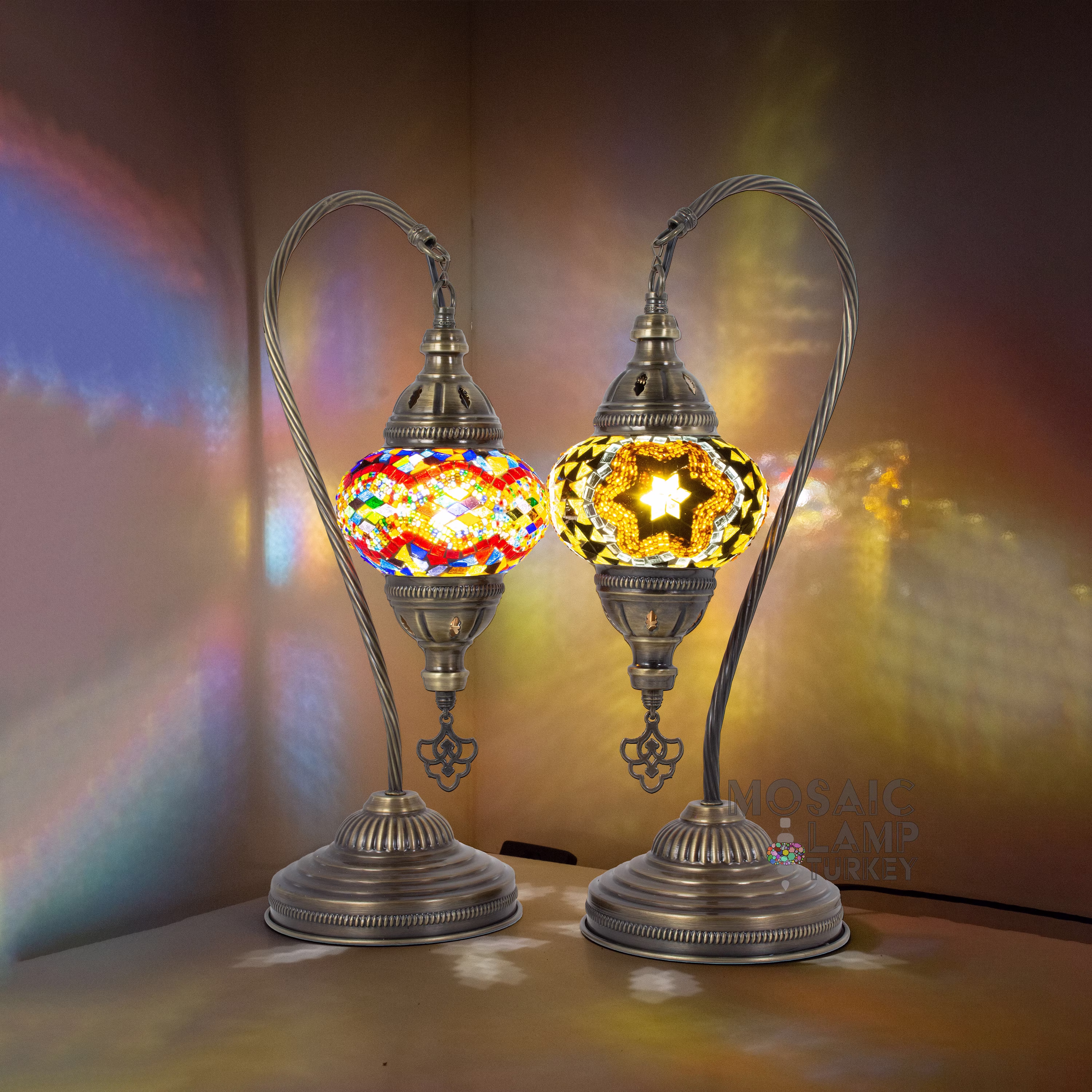 Set Of 2 Mosaic Swan Neck Table Lamps, Authentic Dim Lighting For Bedside Tabletop, Gift Mom, Bohemian Style Home Decor Lights