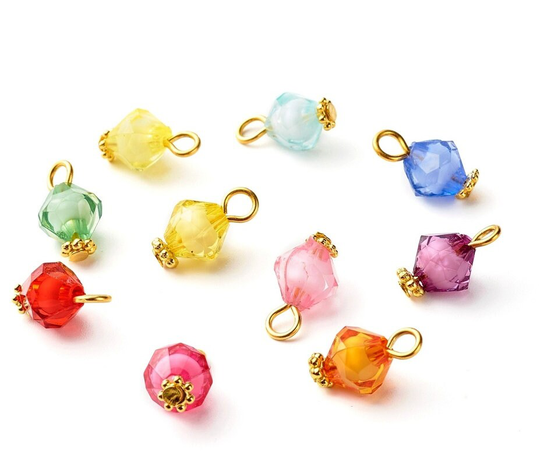 10Pcs Mixed Color Faceted Acrylic Links, Bead in Rondelle Connectors, 14x8mm Earring Drops, Charms, Gold Tone Brass Findings. C22-004