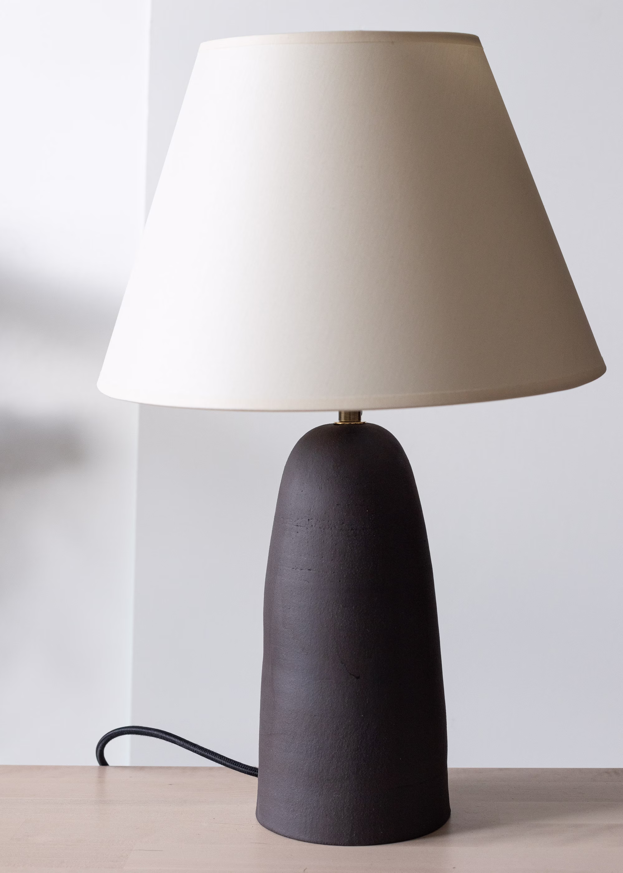 Black Ceramic Table Lamp With Smooth Ecru Fabric Lampshade, Minimal Matt Base, Japandi Interior Design, Matte Black, Nightstand