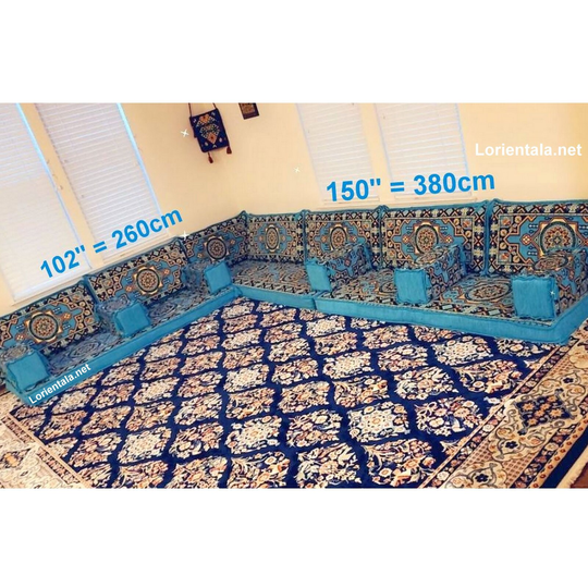 Big L Shaped Oriental Floor Seating Sofa Turquoise Fabric Cushions Turkish Arabic Majlis Rug Home Decor Moroccan Furniture Set