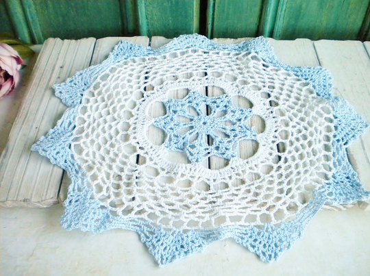 Shabby Blue & White Doily Table Top Cover 15 Inch/ Rustic Wedding/ Vintage Home Decor/ Crafters