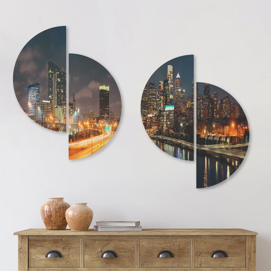 Designart 'Philadelphia Skyline at Night' Cityscape Wood Wall Art Set of 4 Half Circles - Multi-Color