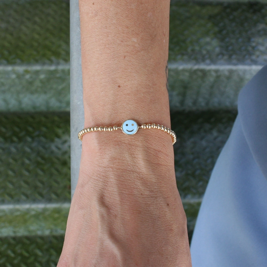Smiley Face Gold Filled Bracelet, Emoji Enamel Isabella Celini, Beaded, Stretch Stacking Bracelet
