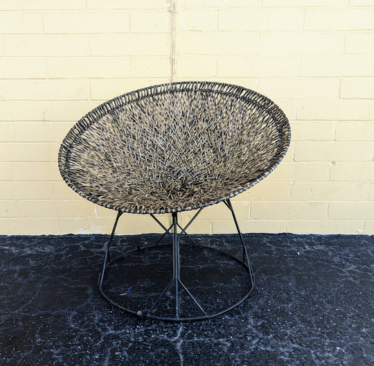 Funky Vintage Boho Woven Saucer Chair W Wrought Iron Base