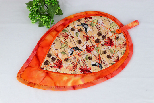 Table Mat Quilted Leaf, Placemat, Potholder, Trivet, Orangecoral/Birds, Premium Quilt/Hand Dyed Batik Fabric, Heat/Moisture Resist