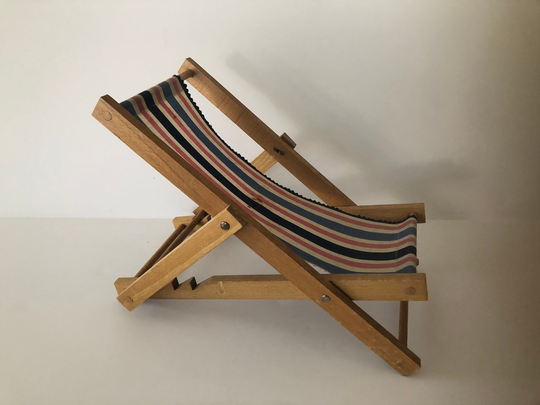 French Doll Beach Deck Chair, Antique Toy, Blue Pink White Striped Canvas On Wooden Frame