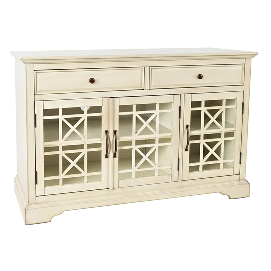 Wooden Media Unit with 2 Drawers and 3 Doors with X Motif Details, Cream