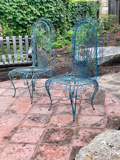 Pair Of Vintage Hollywood Regency Iron Wirework Peacock Garden Chairs