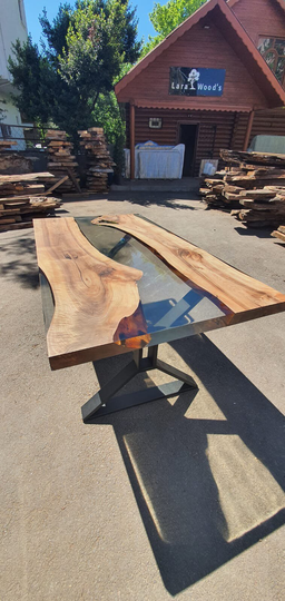 Epoxy Dining Table, Handmade Custom 63" X 34" Walnut Clear River Live Edge Order For Liz F