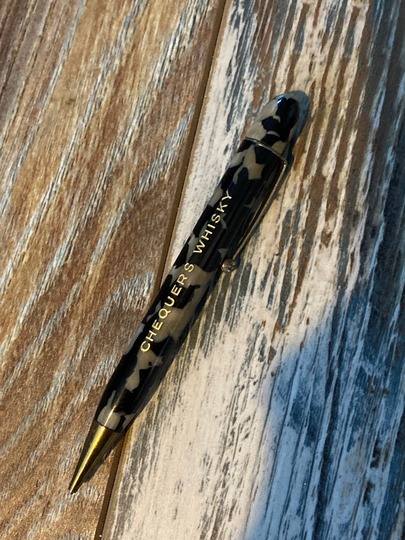 Vintage Celluloid? Marbled Or Faux Tortoise Shell Miniature Mechanical Pencil Advertising Chequers Whisky
