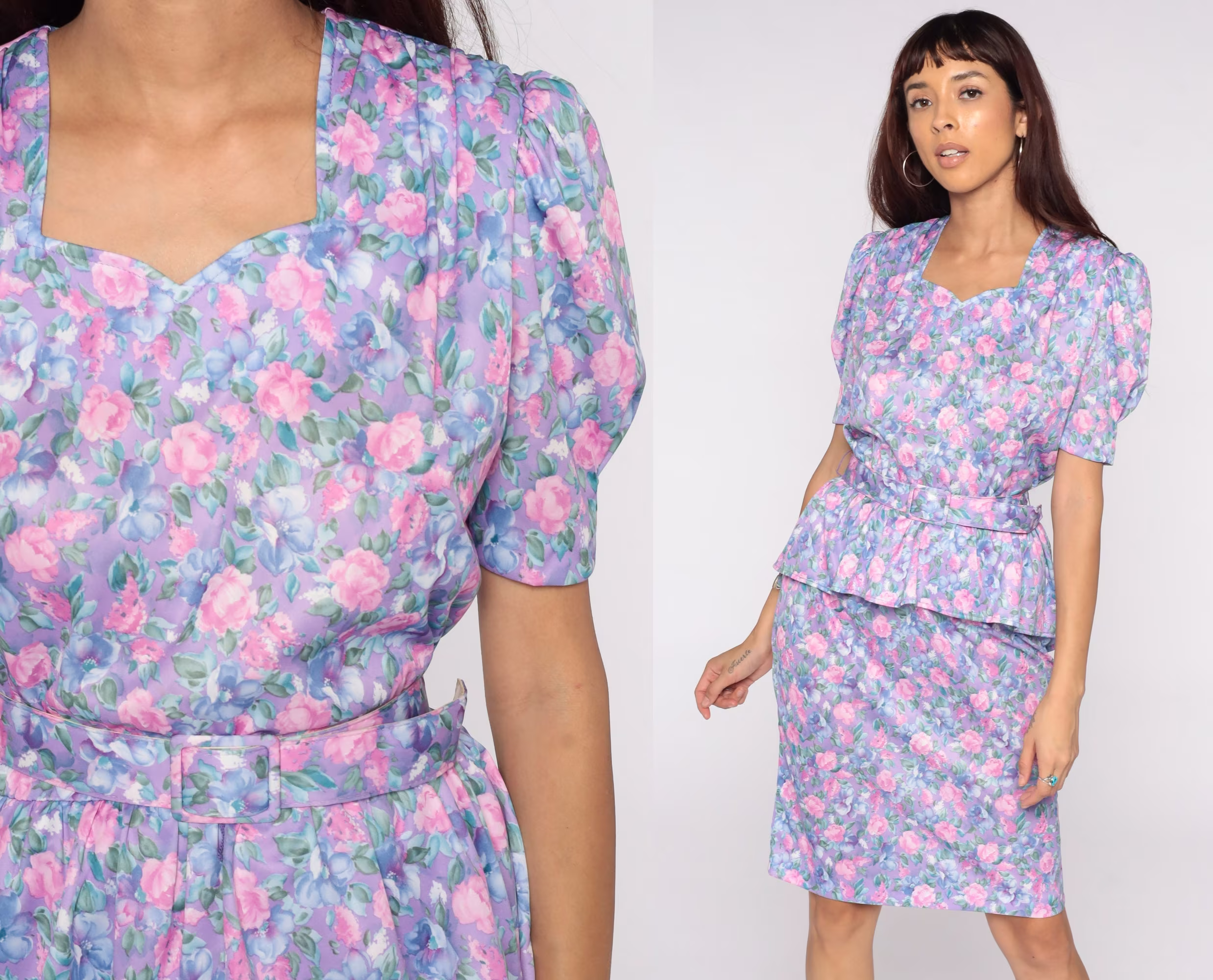 Purple Floral Dress 80S Peplum Puff Sleeve Pencil Wiggle Midi Fitted High Waist Bohemian Medium