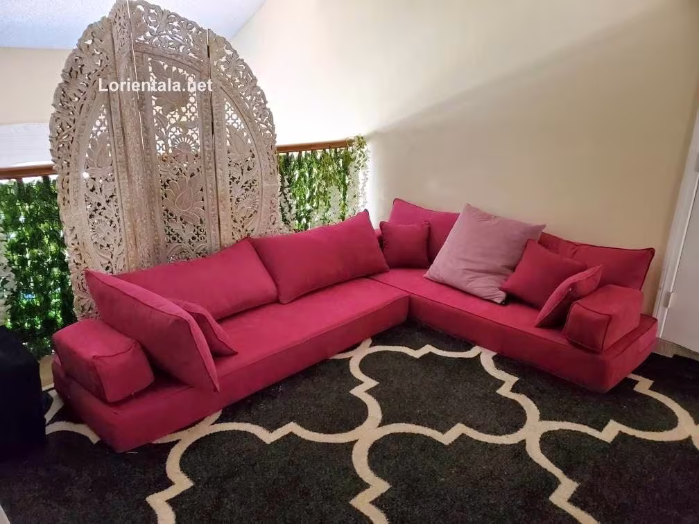 Fuchsia L Shaped 8'' Thickness Floor Seating Sofa Arabic Living Room, Oriental Moroccan Home Decor Hookah Couch Seat Cushions Modern Salon