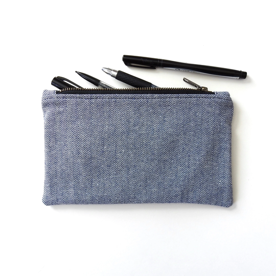 Blue Herringbone Pencil Case, Medium Zipper Pouch, Vintage Fabric