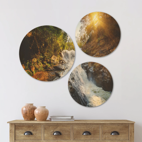 Designart 'Waterfall through the Forest' Landscape Wood Wall Art Set of 3 Circles - Multi-Color