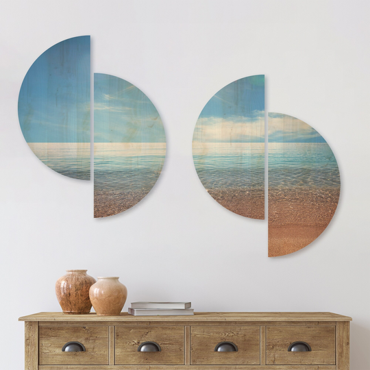 Designart 'Serene Seascape with Bright Sun' Modern Beach Wood Wall Art Set of 4 Half Circles - Multi-Color