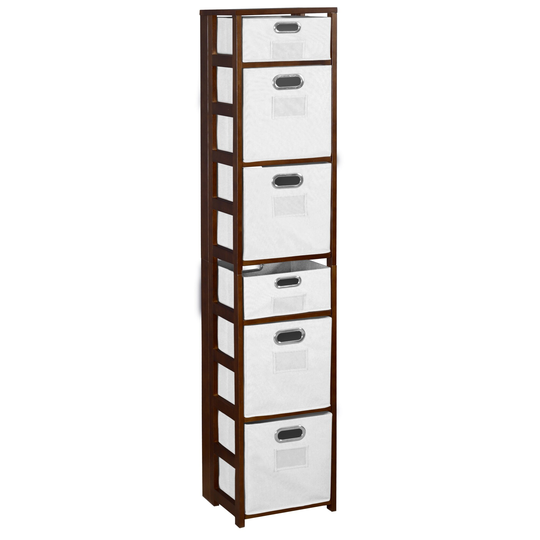 Fairway 67" Square Folding Bookcase with Folding Fabric Bins- Mocha Walnut/White