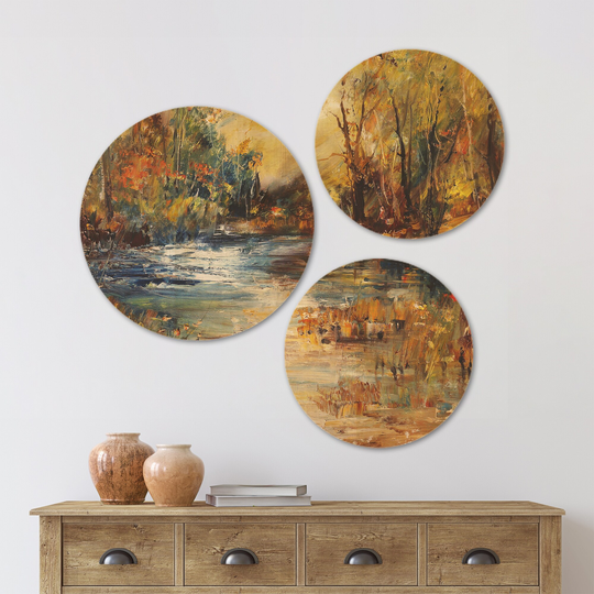 Designart 'Stream in Forest Oil' Landscape Wood Wall Art Set of 3 Circles - Multi-Color