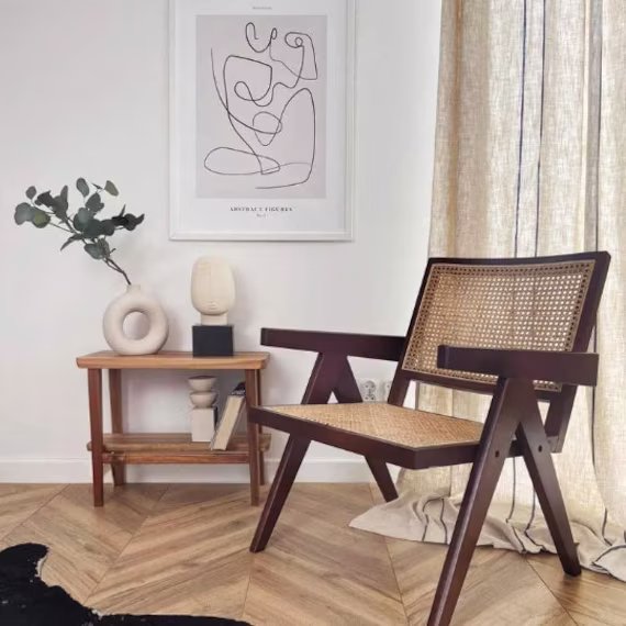 Rattan Wooden Chair, Pierre Jeanneret Lounge Chair For Bedroom, Japandi, Chandigarh Chair, Armchair, Mid Century, Vintage, Office