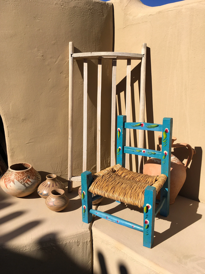 Vintage Mexican Folk Art Blue Child's Chair Rush Seat Hand Painted Woven