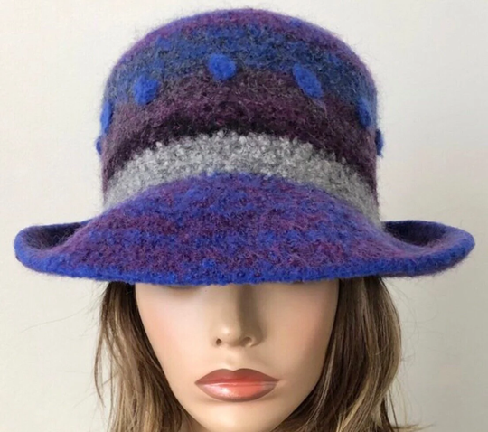 Blue Felted Hat, Unique Handmade 22" Up To 22.5" Hat Ready Ship