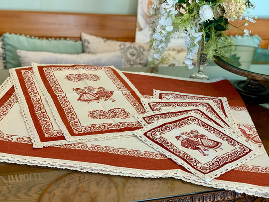 7 Piece Table Set - Dutch Boy & Girl Woven Set Lace Edge Mid Century Cloth Pieces in Total