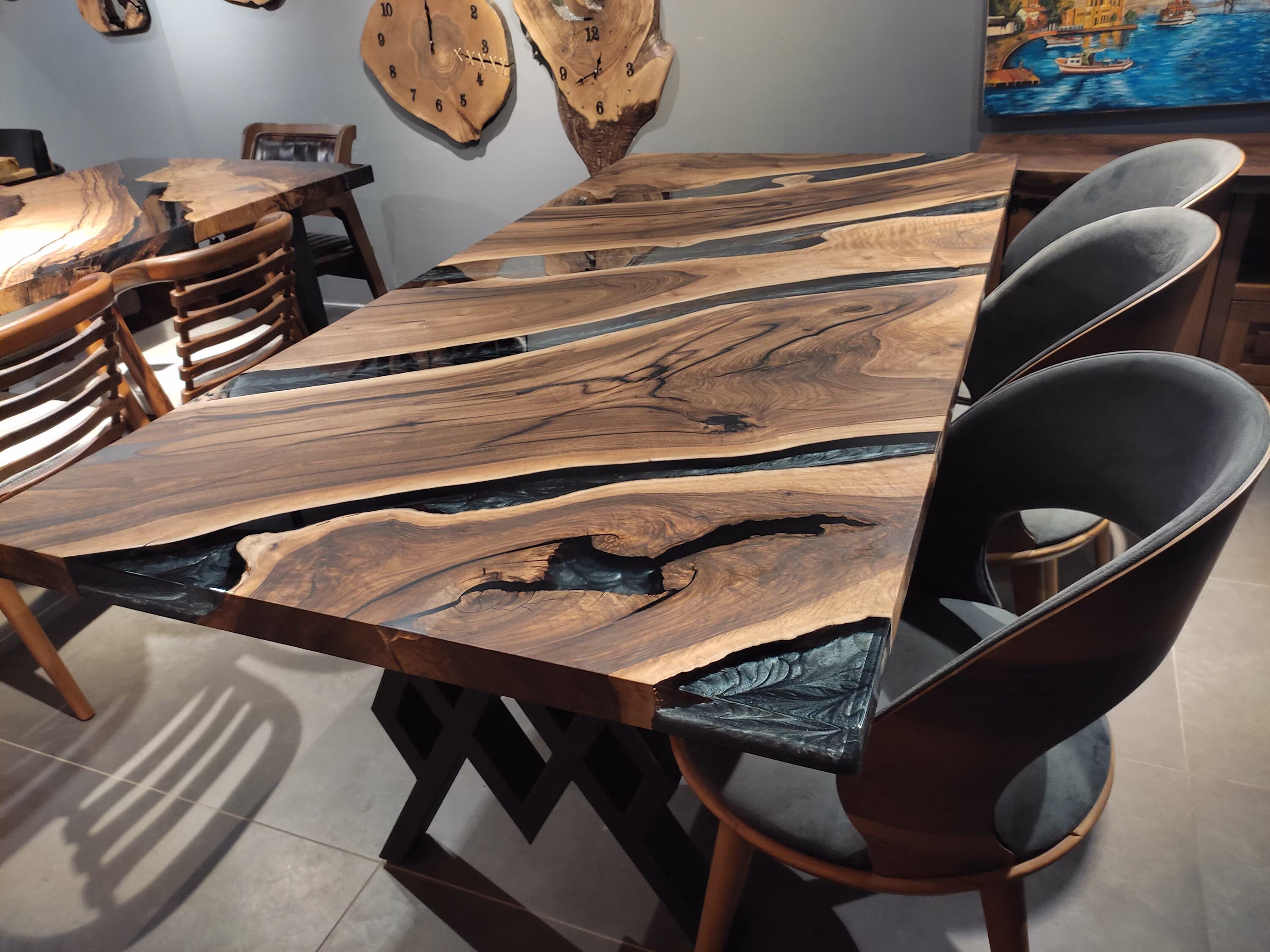 Made To Order | Walnut Resin Epoxy Table Top Custom Smoked River Dining
