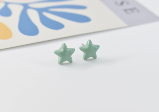 Color Earrings, Ce-Ear06M, 2Pcs, Shiny Enamel Coated Formica Star, Mint, Colored Star Star 8.5mm
