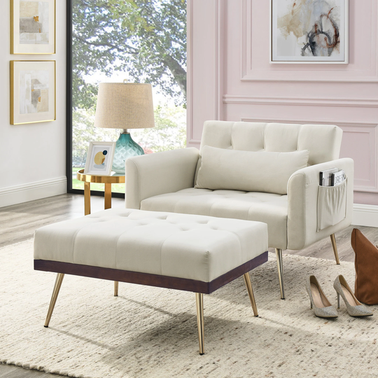 Recline Sofa Chair Velvet Upholstered Convertible Sofa Bed with Ottoman
