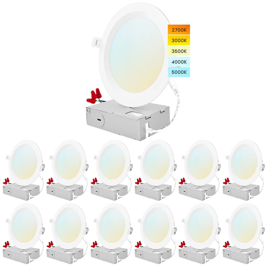 Luxrite 12 Pack 6" Ultra Thin LED Recessed Light J-Box 14W 5 Color Options Dimmable 1150 Lumens Baffle IC Rated