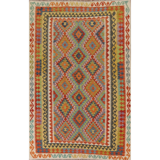 Geometric Kilim Area Rug Hand-woven Multi-Color Wool Carpet - 6'7" x 9'7"