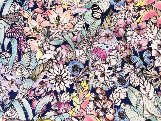 Scenic Route Botanical Midnight Floral Quilting Cotton Fabric By 1/2 Yard Or Fat Quarter, Parrot Butterfly Dragonfly Frog