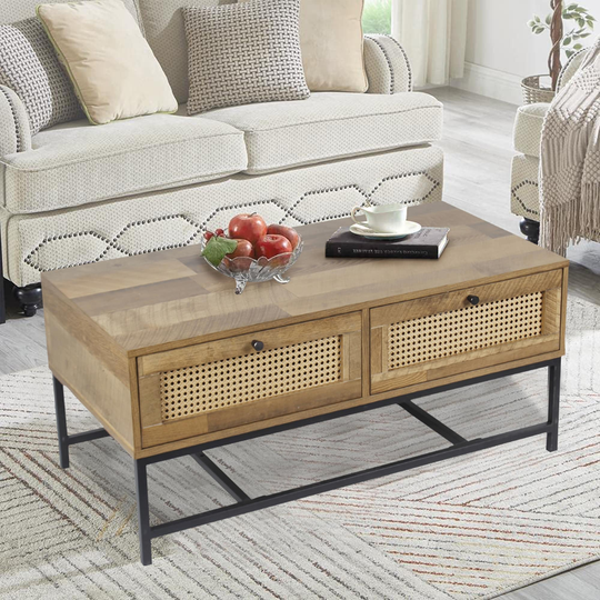 17" Wood Industrial Coffee Table with Storage for Living Room, 2-Tier Drawer Tea Table with Metal Frame Legs