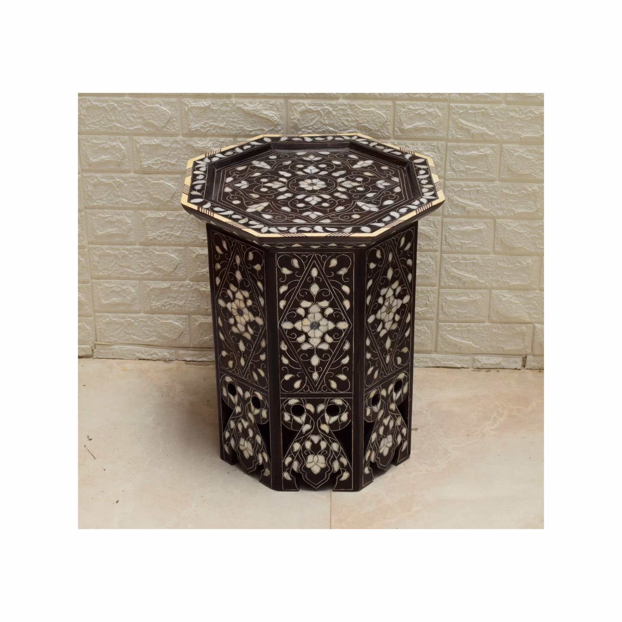 Vintage Handmade Syrian Side Table, Mother Of Pearl Inlaid Morocco Moroccan Furniture, Wooden Coffee Home Decor