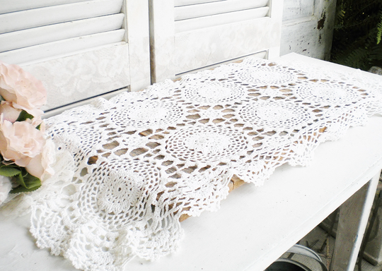 Vintage Cotton Crochet Table Runner Cottage Chic Pinwheel Style/ Rustic Wedding/ Boho Home Decor/ Tea Party Runner/Craft Projects