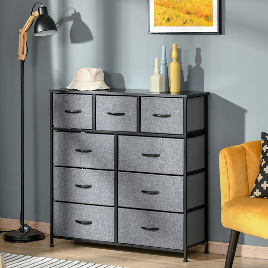 HOMCOM 9 Drawers Storage Chest Dresser Organizer Unit w/ Steel Frame, Wood Top, Easy Pull Fabric Bins, for Bedroom, Hallway