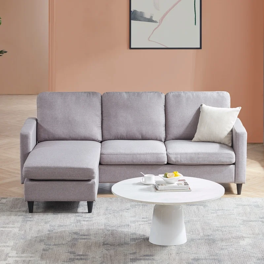 Modern Linen Fabric Sectional Sofa With One Ottoman,Side Pocket,Gray