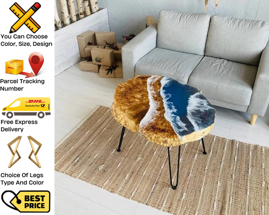 Live Edge End Table, Ocean Wave Wood Resin Turntable, Handcrafted Round Epoxy Table Top, Living Room