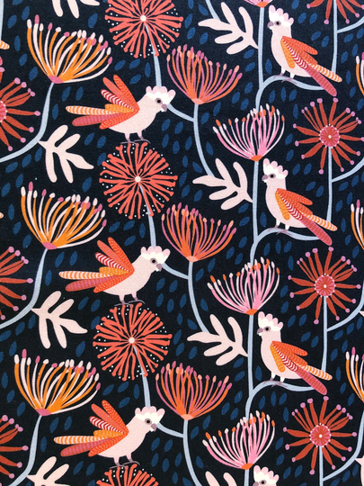 Pink Cockatoo & Pincushion Flower Navy Quilting Cotton Fabric By 1/4, 1/2 Yard Or Fat Quarter Fabric, Australian Bird Floral