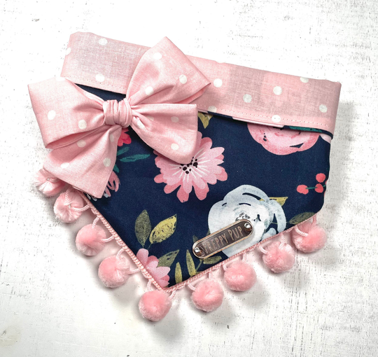 Pink & Navy Floral Dog Bandana With Optional Pom Trim